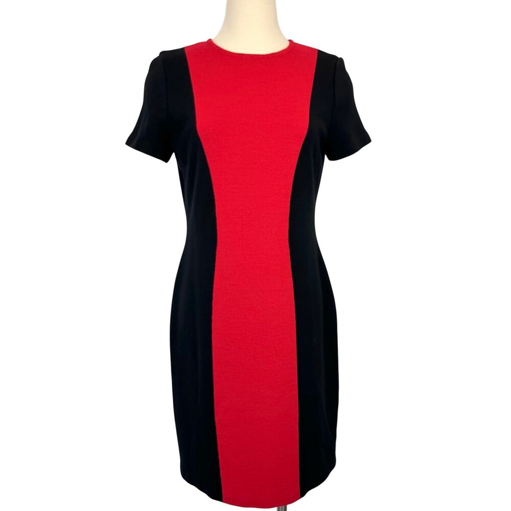 St. John Knit Short-Sleeve Sweater Sheath Dress Wool Colorblock Black/Red 10